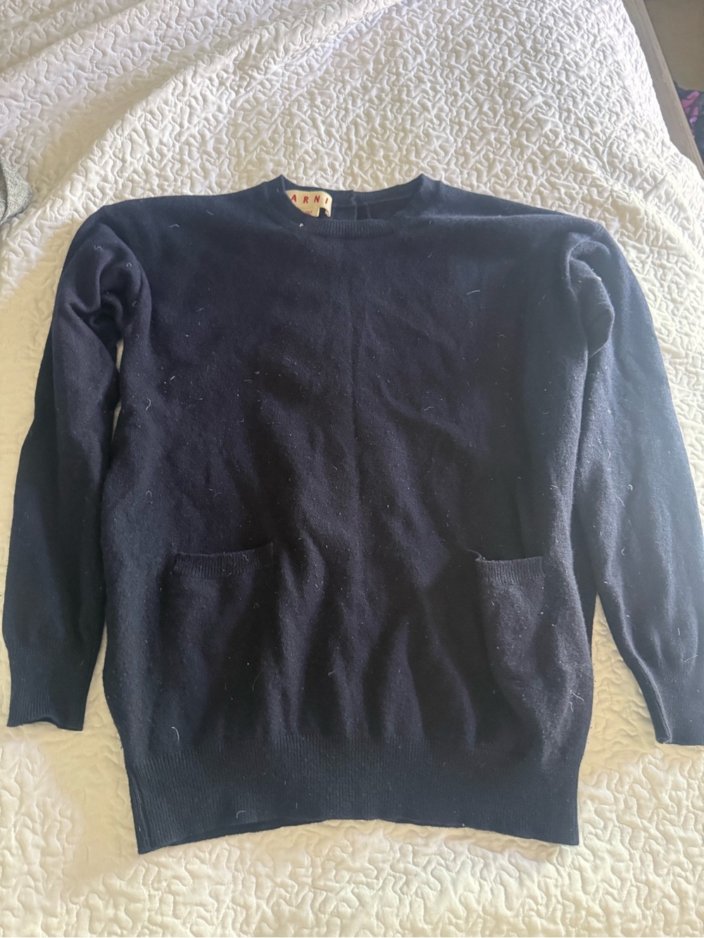 Marni Men's Dark Navy Crewneck Sweater with Front Patch Pockets
